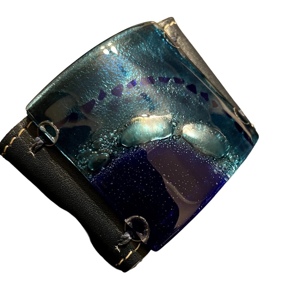 Unique Vivid Blue Art Glass Leather Buckle Bracelet - Picture 3 of 8